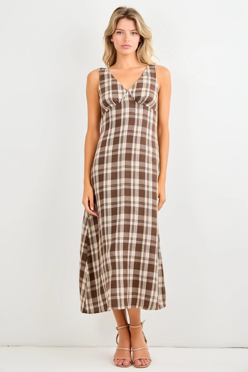 The Bailey Plaid V-Neck Midi Dress- Brown