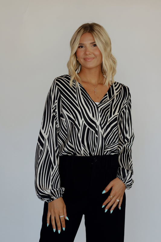 Katy Surplice Bodysuit- Black/White