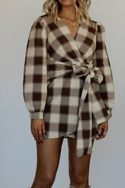 Devin Wrap Plaid Mini Dress- Brown