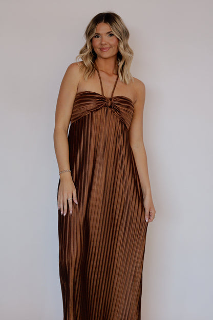 Maple Pleated Maxi Dress- Shimmer Brown