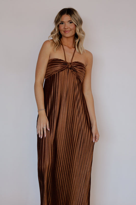 Maple Pleated Maxi Dress- Shimmer Brown