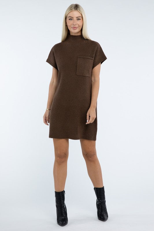 Mock Neck Short Sleeve Sweater Dress with Pocket