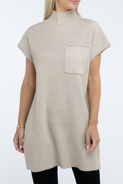 Mock Neck Short Sleeve Sweater Dress with Pocket