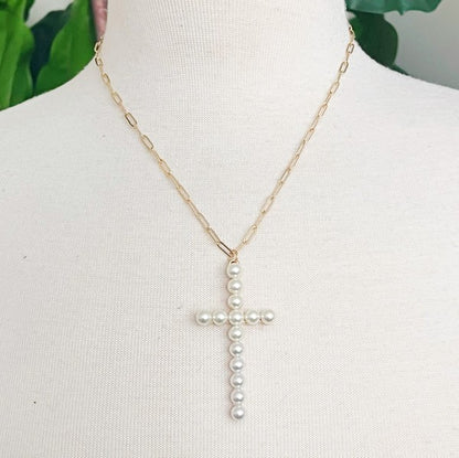 Pearl Cross Pendant Clip Chain Necklace