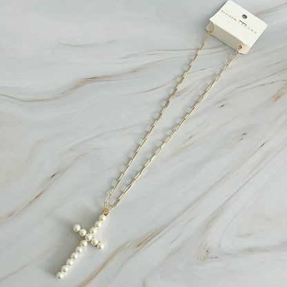 Pearl Cross Pendant Clip Chain Necklace