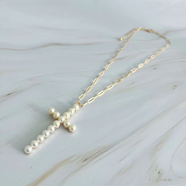 Pearl Cross Pendant Clip Chain Necklace