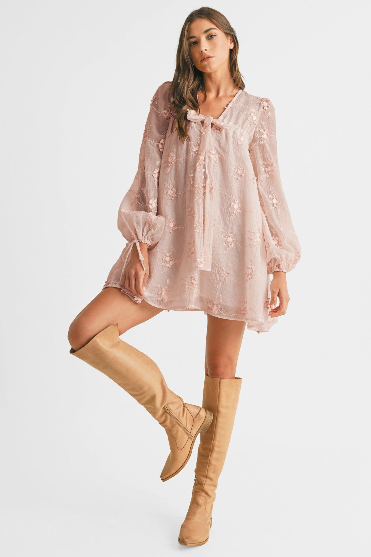 Lily Embroidered Long Sleeve Dress- Light Pink