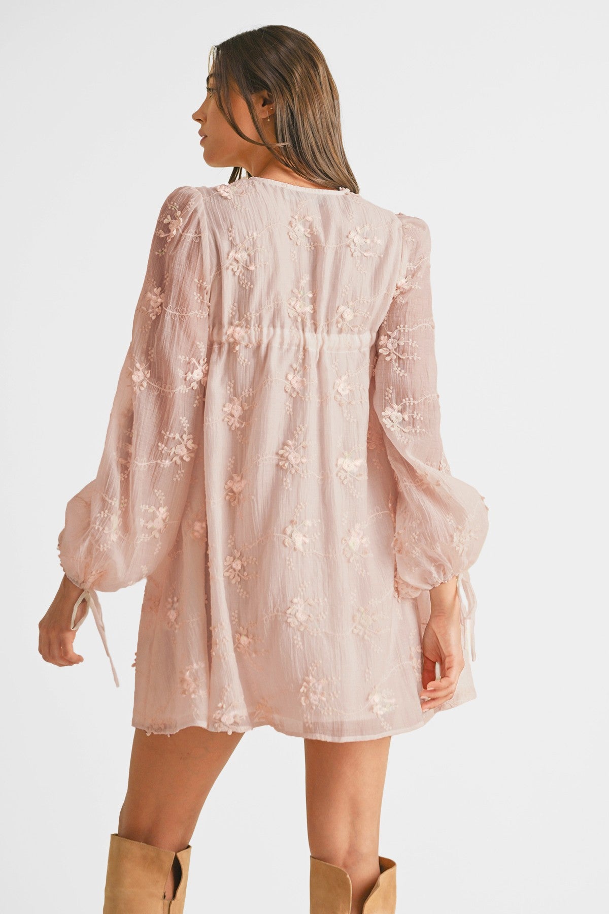 Lily Embroidered Long Sleeve Dress- Light Pink
