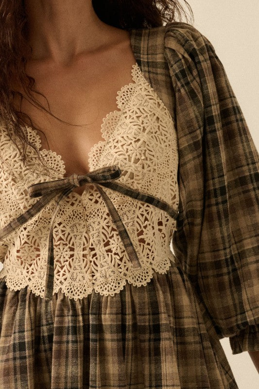Lakyn Plaid & Lace Bubble Dress- Sand