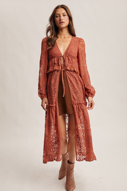 Cowboys & Cabernet Lace Duster- Terracotta