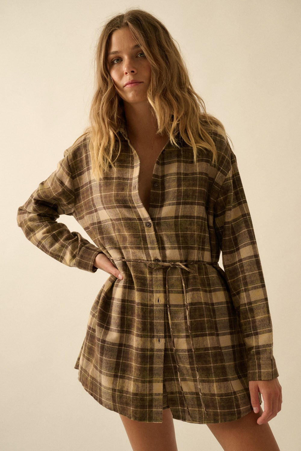Cider Mill Plaid Shirt Romper- Brown