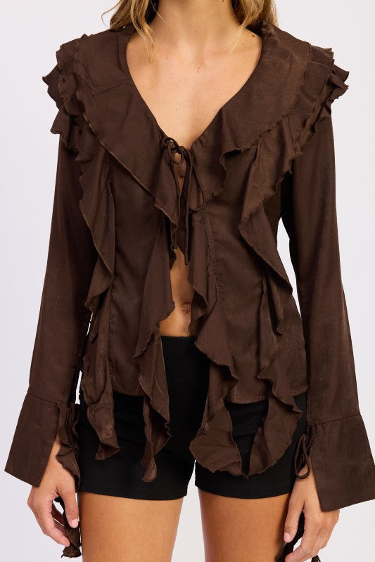 TIE FRONT RUFFLED TOP – Wandering Rhodes Boutique