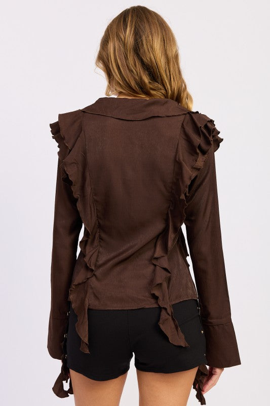 TIE FRONT RUFFLED TOP – Wandering Rhodes Boutique