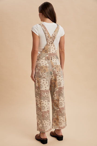 Desert Bloom Barrel Overalls- Taupe Multi
