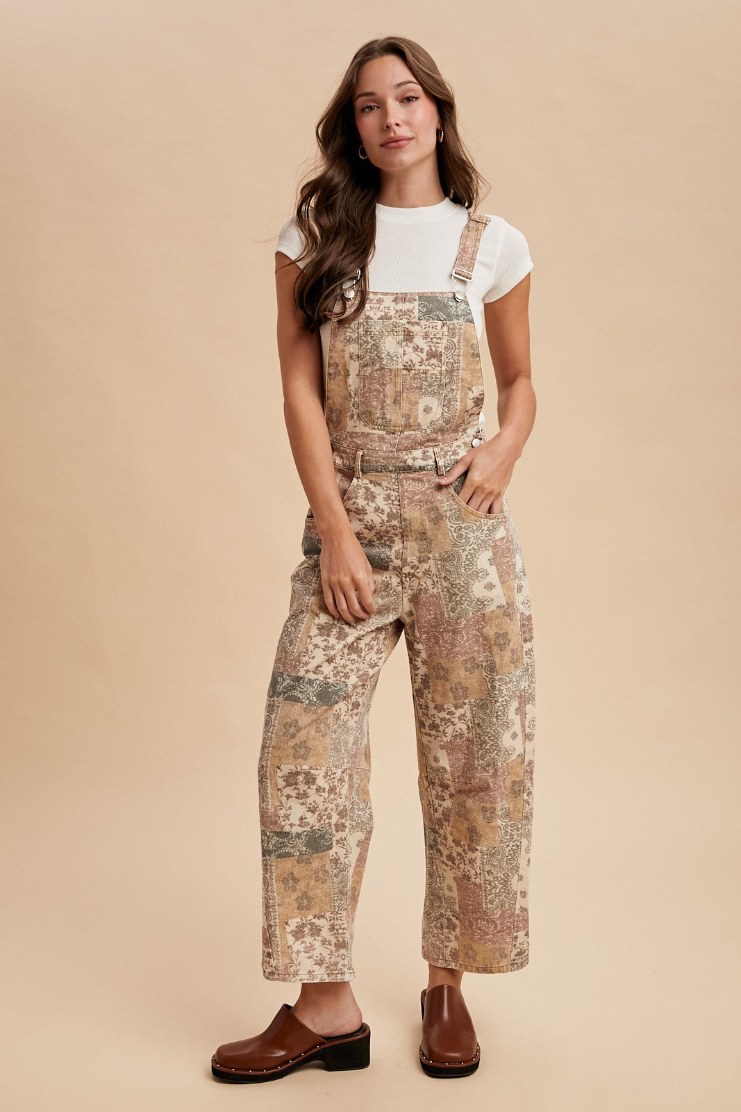 Desert Bloom Barrel Overalls- Taupe Multi