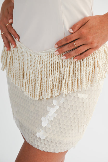 Shimmer Fringe Mini Dress- Cream