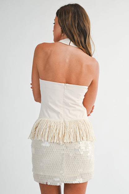 Shimmer Fringe Mini Dress- Cream