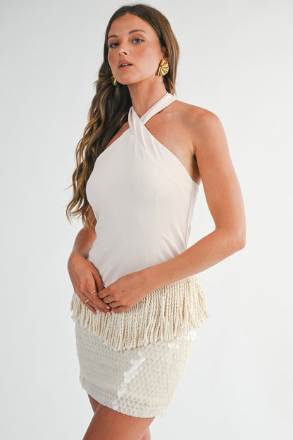 Shimmer Fringe Mini Dress- Cream
