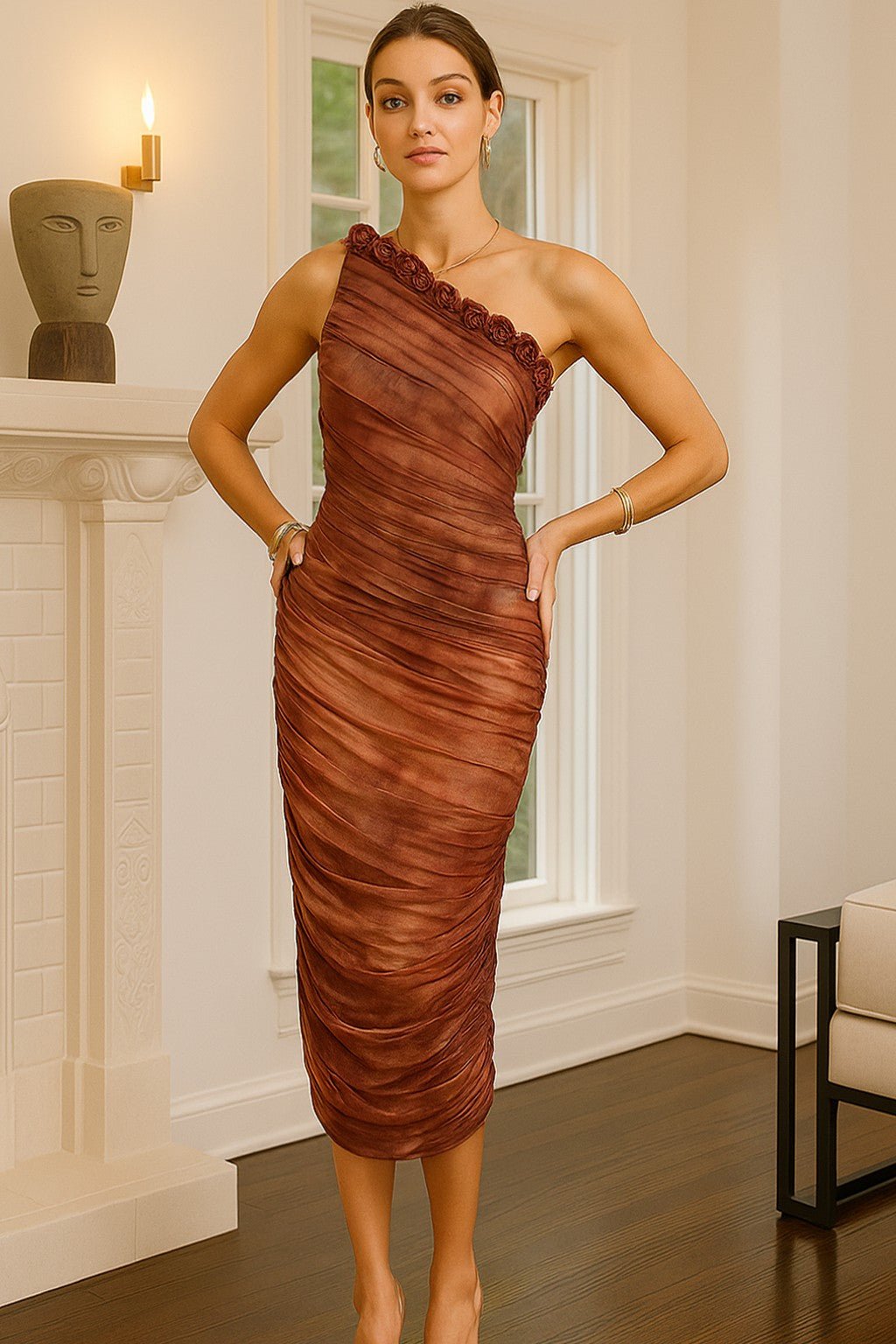 Copper Bloom Midi Dress- Cinnamon