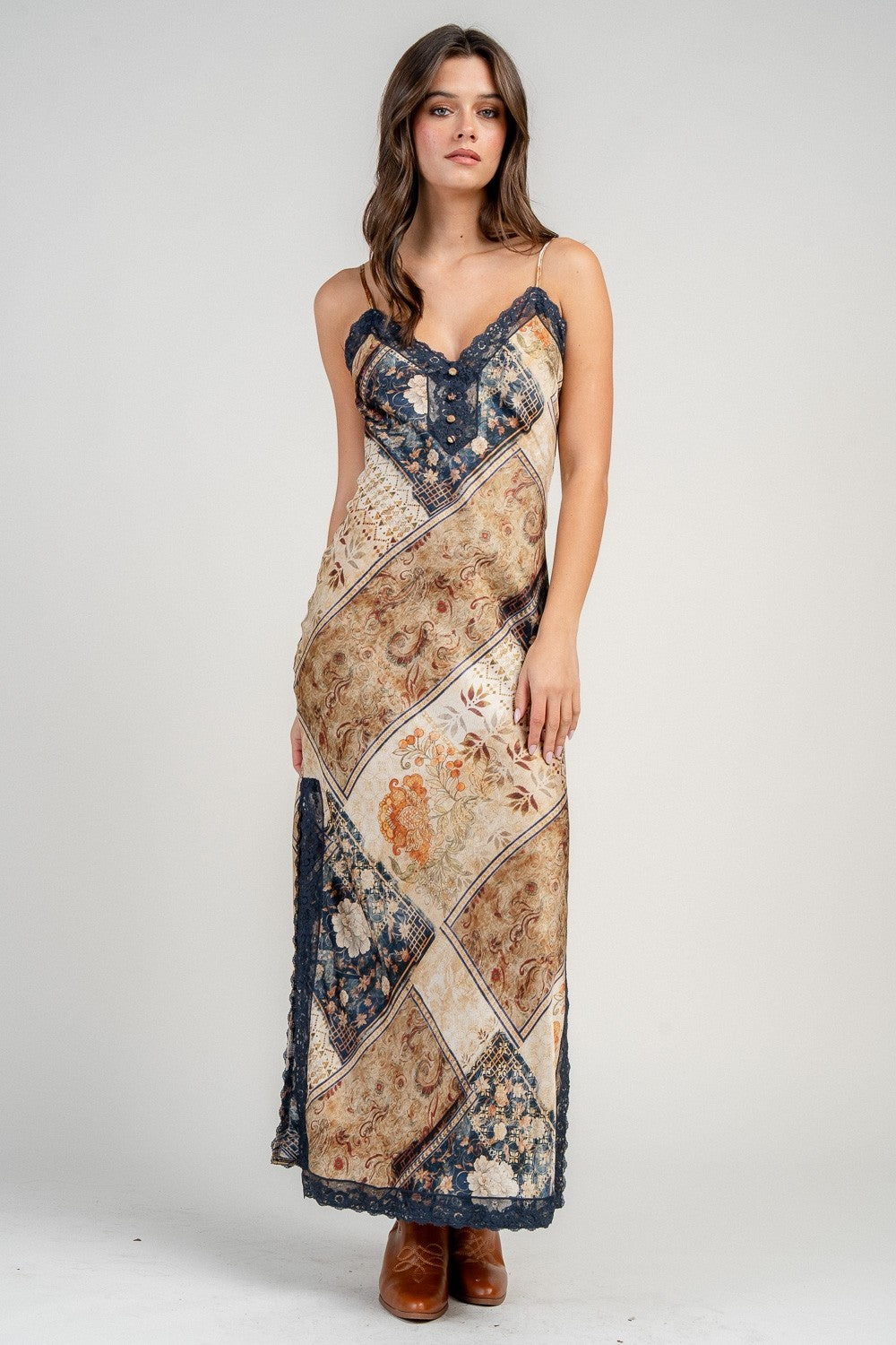 Prairie Dream Slip Dress- Tan/Navy