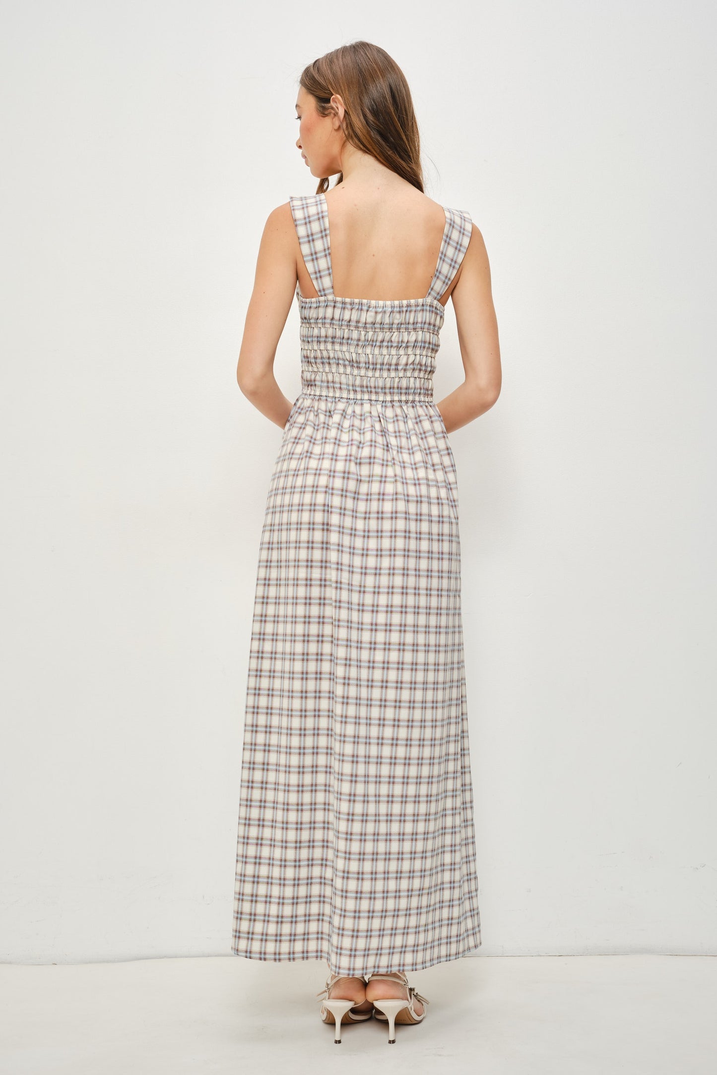 Ms. Flacco’s Plaid Maxi Dress- Cream/Blue/Brown