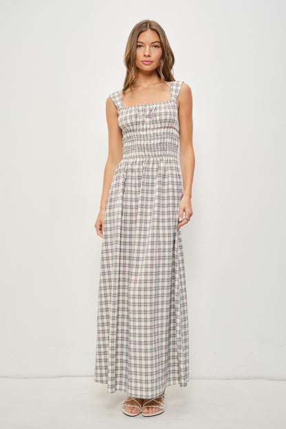 Ms. Flacco’s Plaid Maxi Dress- Cream/Blue/Brown