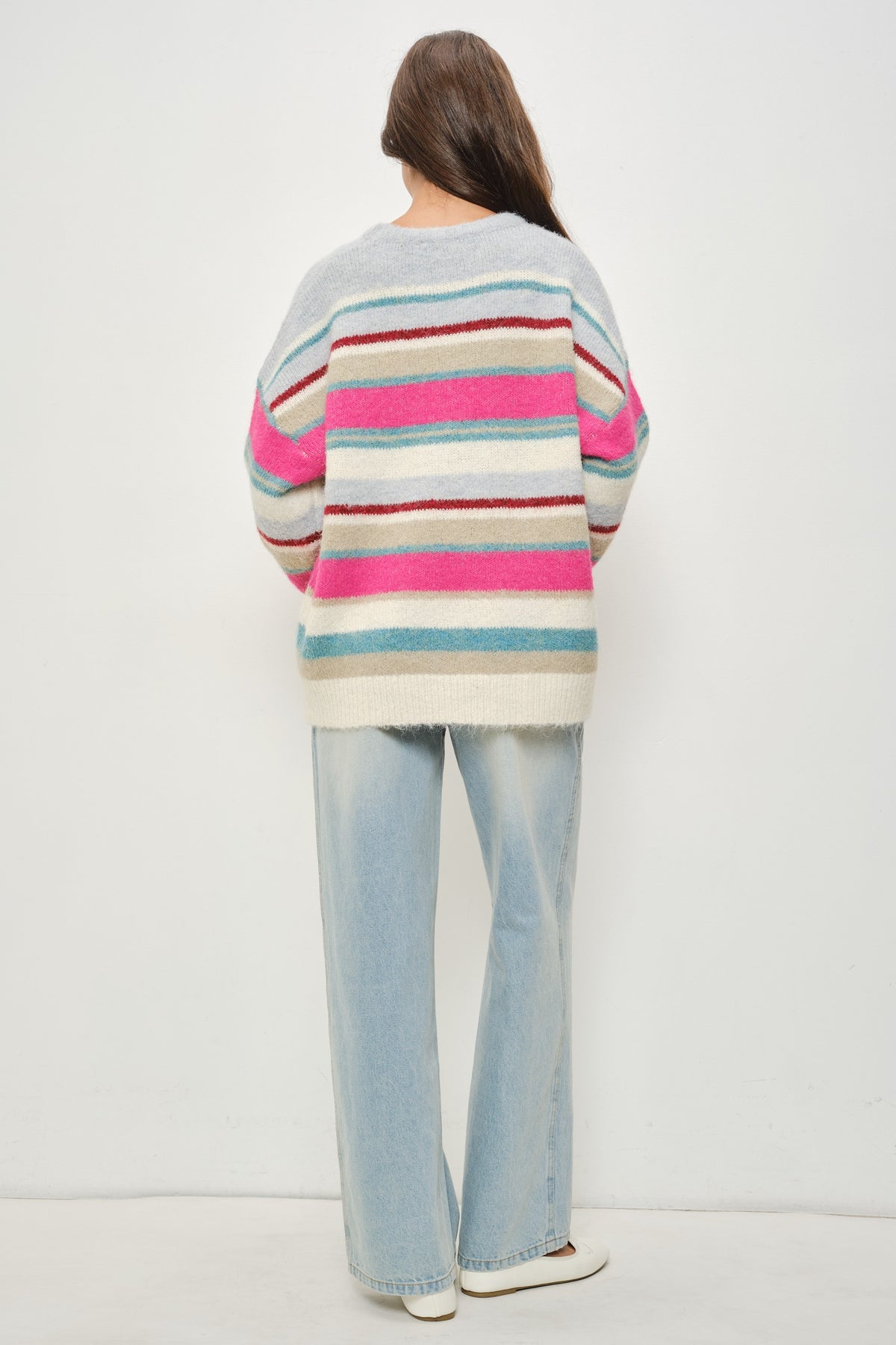 Vail Apres Striped Sweater- Fuschia/Teal/White