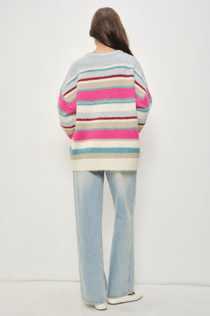 Vail Apres Striped Sweater- Fuschia/Teal/White