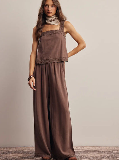 Miss Lingus Embroidered Pant Set- Brown