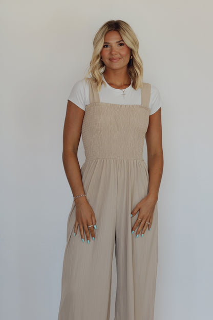 Sherry Smocked Jumpsuit- Taupe