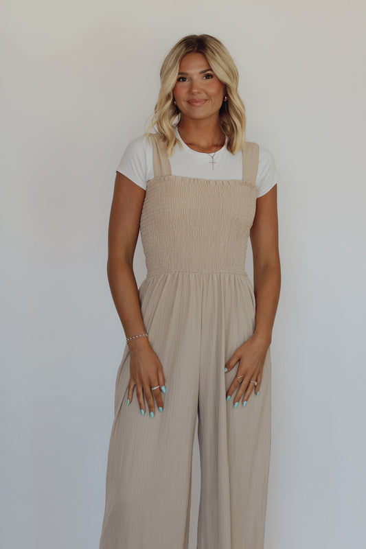 Sherry Smocked Jumpsuit- Taupe
