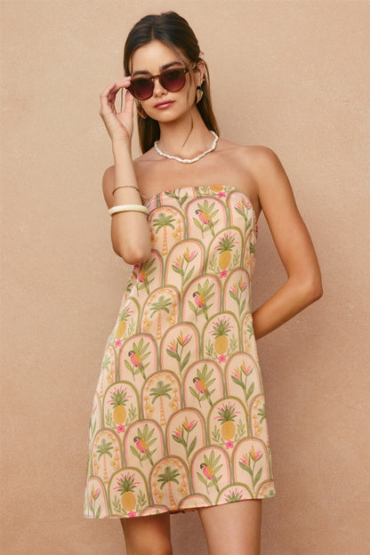 Parrot Paradise Satin Mini Dress- Blushed Ibiza
