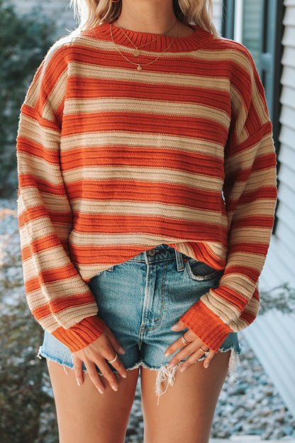 Pumpkin Patch Striped Oversized Sweater - Rust