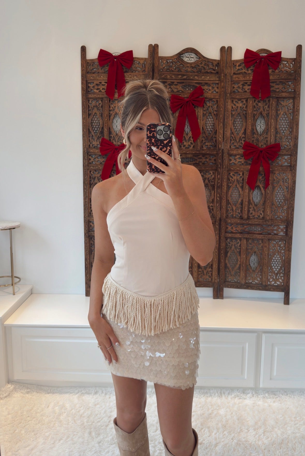 Shimmer Fringe Mini Dress- Cream Medium