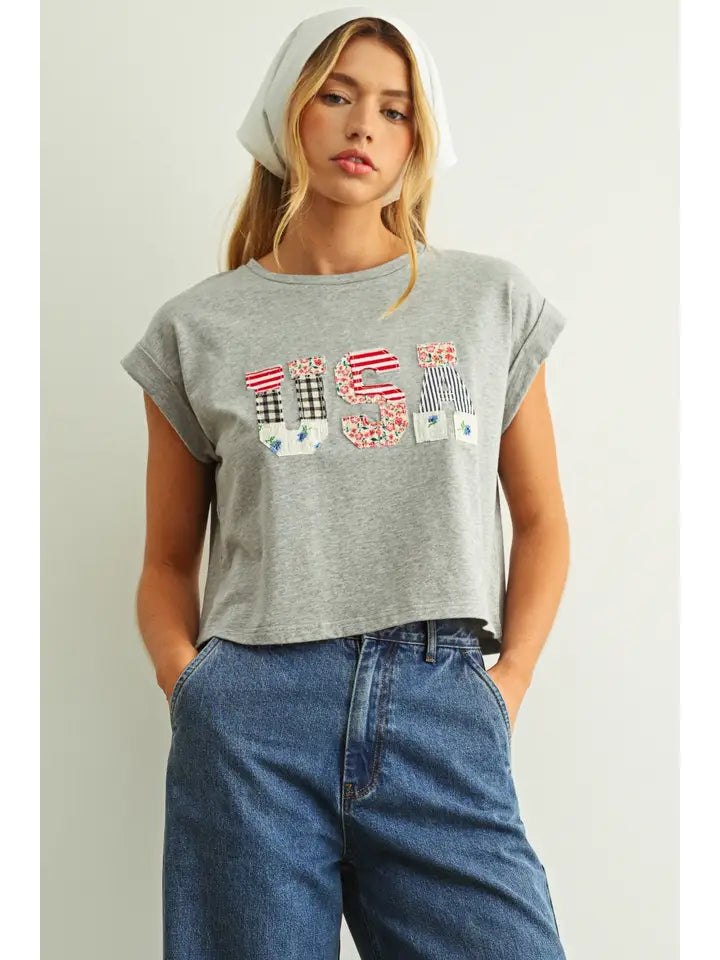 USA Floral Patchwork Tee- Gray