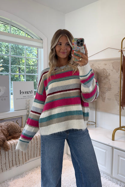 Vail Apres Striped Sweater- Fuschia/Teal/White