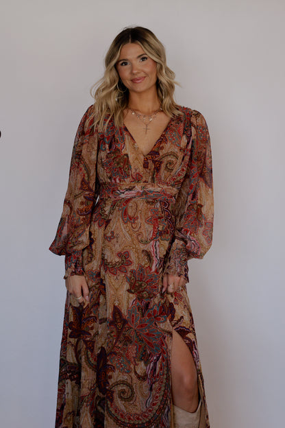 Autumn Whisper Plunging Maxi Dress- Royal Aster