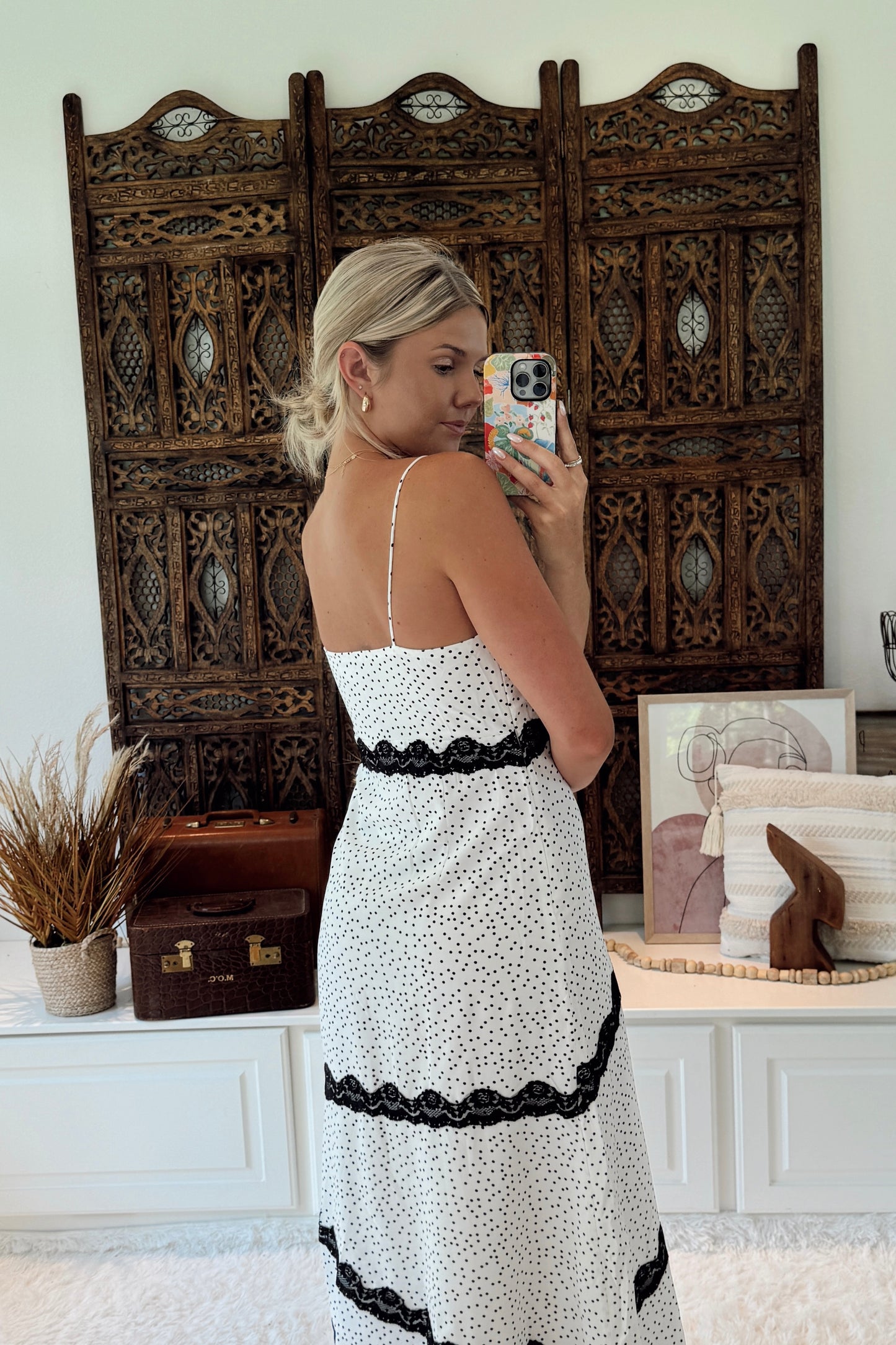 At Last Polka Dot Lace Slip Midi Dress- Black/White