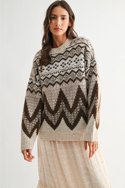 Sherry Nordic Knit Sweater- Cream/Brown