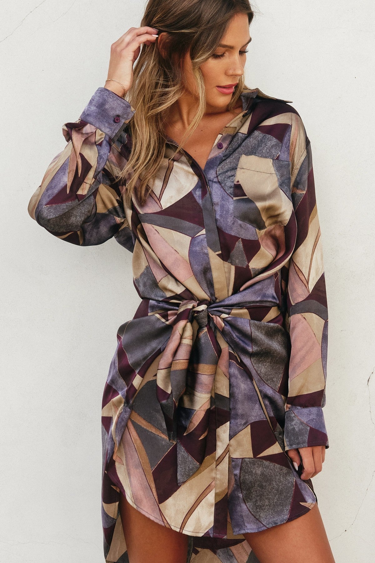 Twilight Tie Shirt Dress- Umber Mosiac