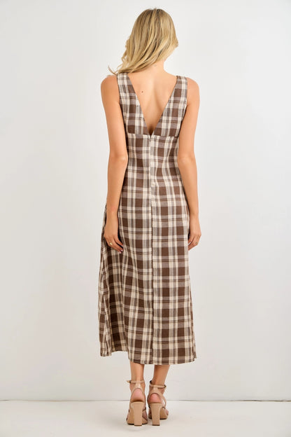 The Bailey Plaid V-Neck Midi Dress- Brown