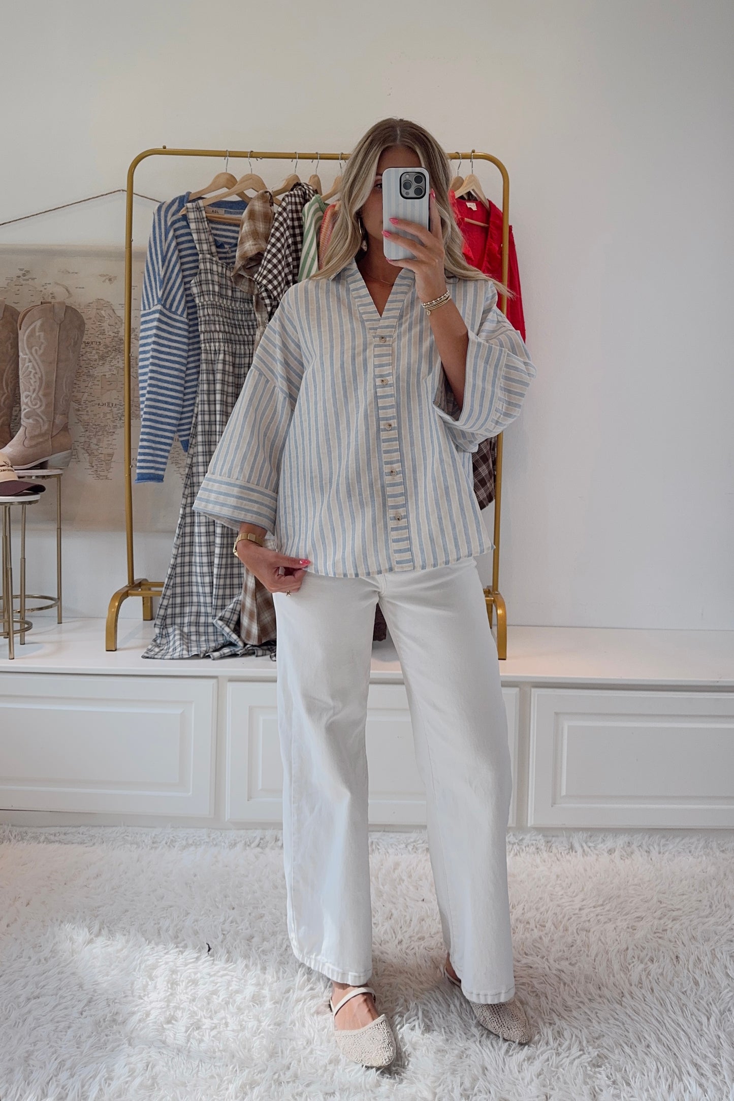 Mrs. Holts Stripe Button Down Shirt- Cloud Blue