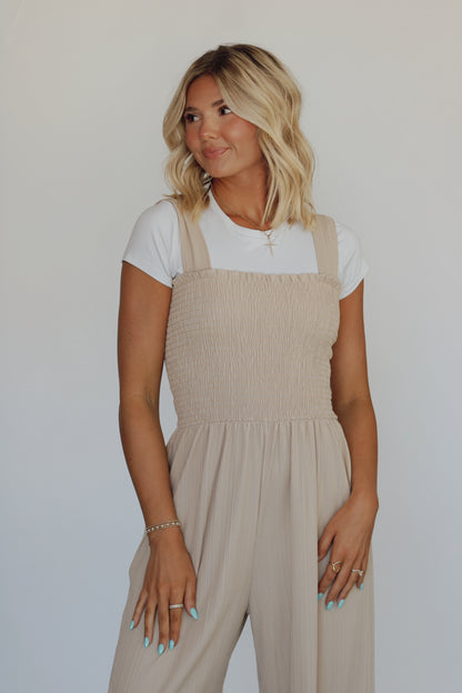 Sherry Smocked Jumpsuit- Taupe