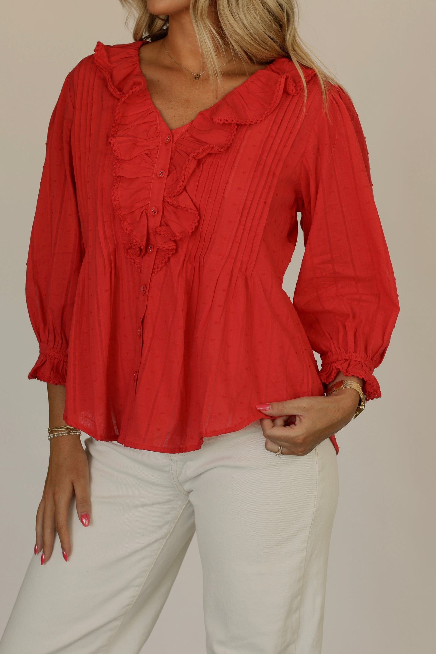 Mrs Below Ruffled Blouse- Red
