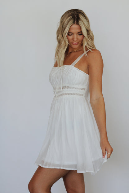 This Love Lace Trimmed Mini Dress- Off White