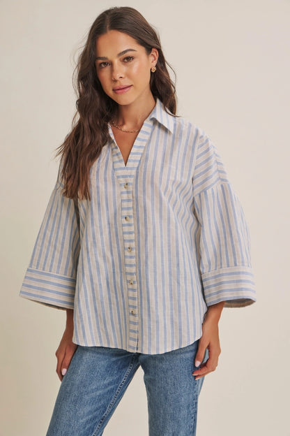 Mrs. Holts Stripe Button Down Shirt- Cloud Blue