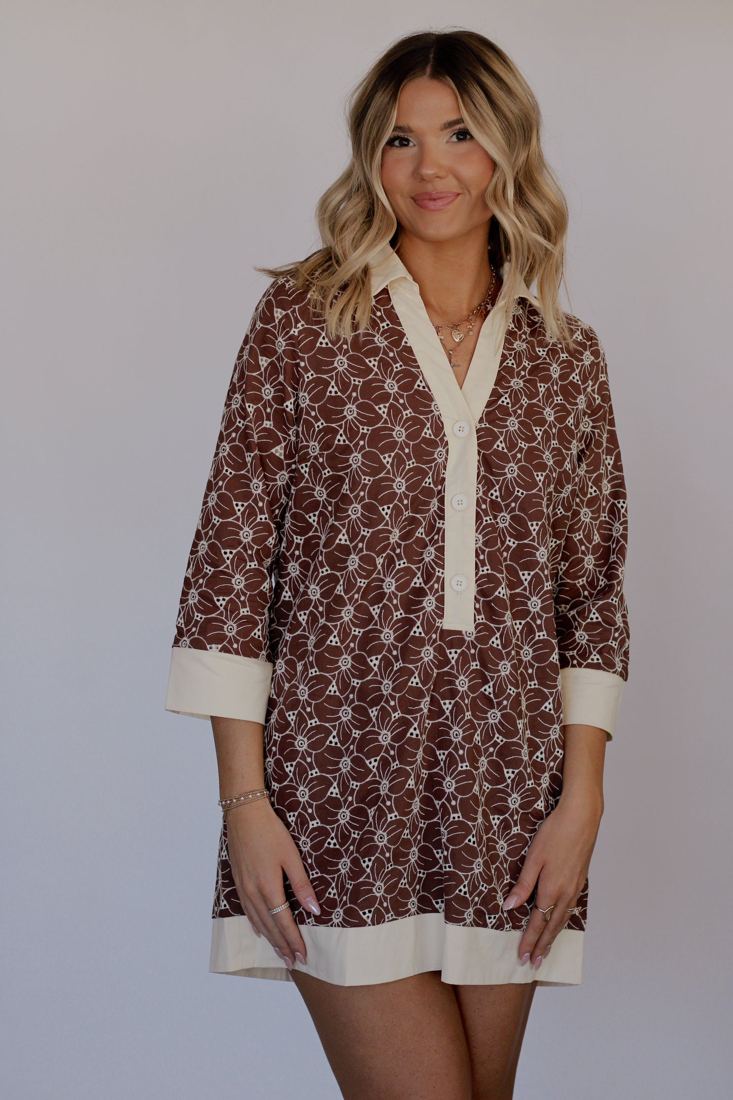 LaDawn Floral Tunic Dress- Brown