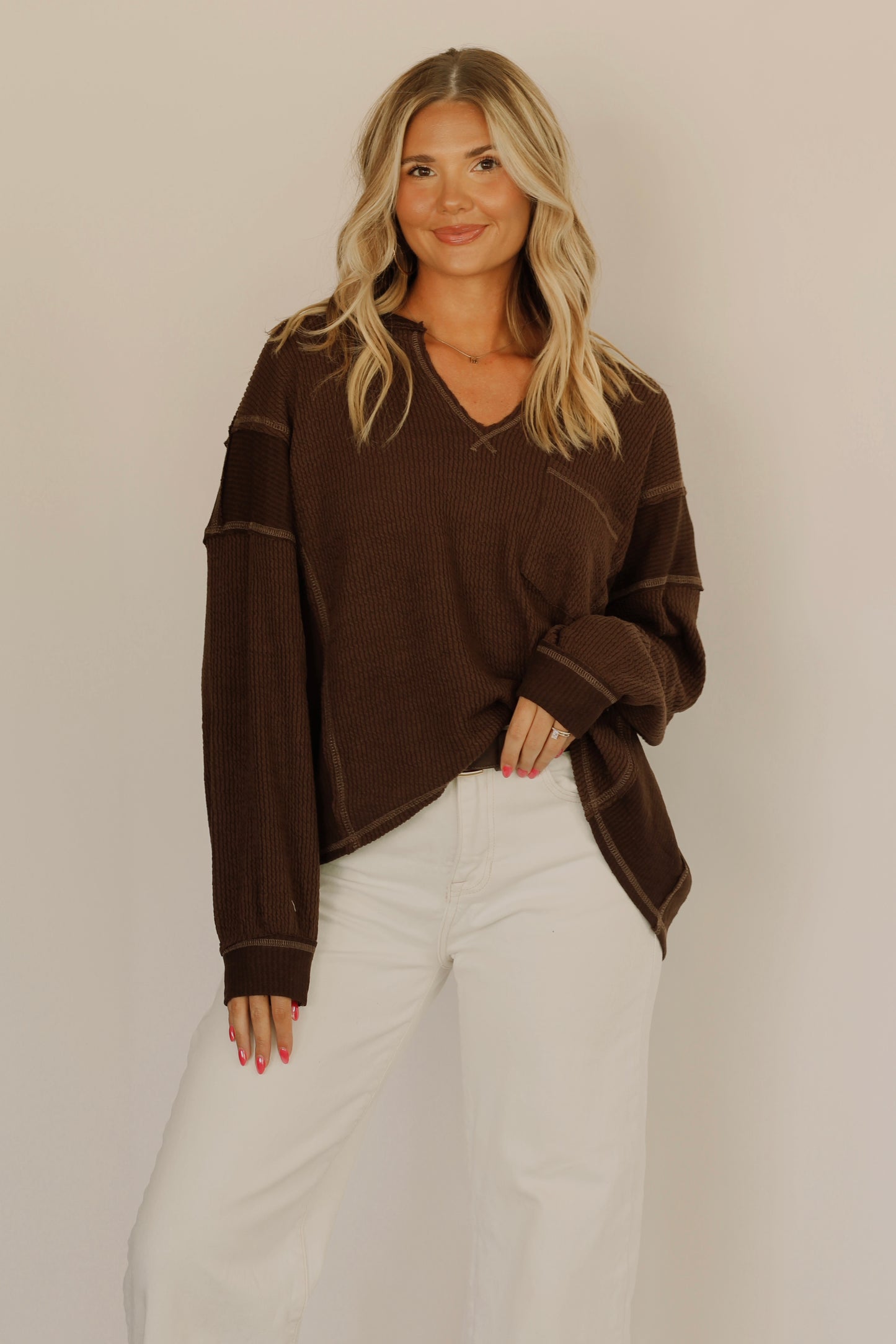 Miss Lipps Long Sleeve Knit Top- Brown