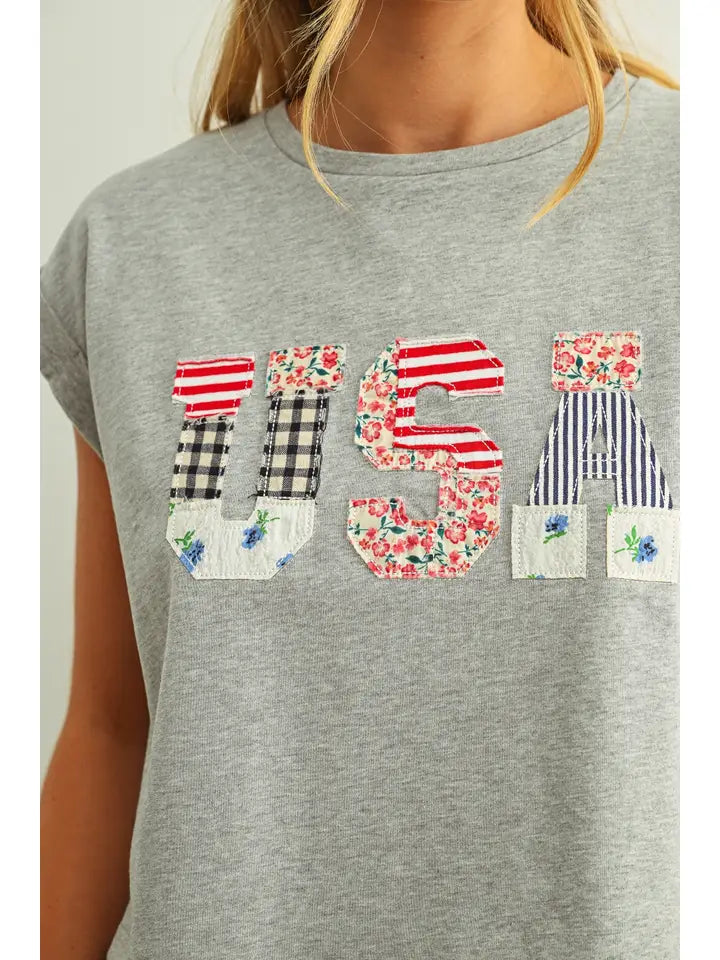 USA Floral Patchwork Tee- Gray
