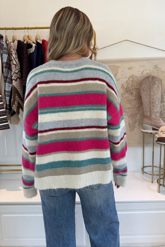 Vail Apres Striped Sweater- Fuschia/Teal/White
